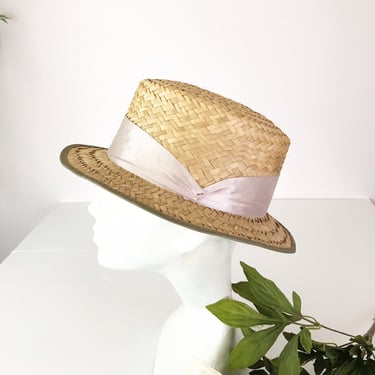 Antique French 1920s Straw Boater Hat, Red Blue | Jan display picture 1