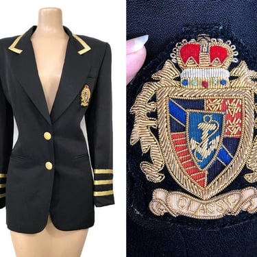 VINTAGE 80s Military Chic Black and Gold Blazer Jacket by Marshall Rousso Sz M | 1980s Zardozi Crested Jacket | vfg 