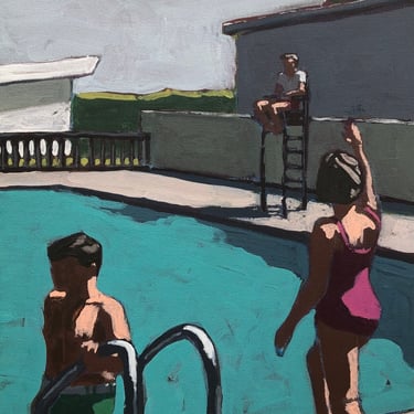 Pool #124 - Original Painting on Canvas, 12 x 16, small, mcm, retro, one of a kind, water, swimsuit, man, michael van, woman 
