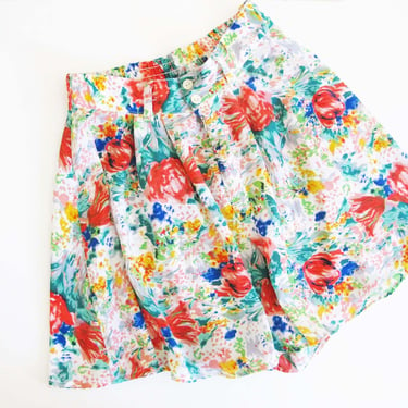 Vintage 90s Floral High Waist Shorts S M - 1990s Skort Mini Skirt Elastic Waist Flowy Colorful Womens Short 