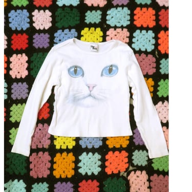 Vintage 90s Kids Cat Face Long Sleeve Tshirt Size M 