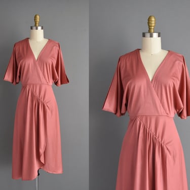 1970s dress | Gorgeous Mauve Draped Sleeves Summer Dress | XS Small | 70s vintage dress 
