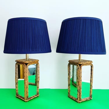 Mirrored Bamboo Lamps & Shades - a Pair 