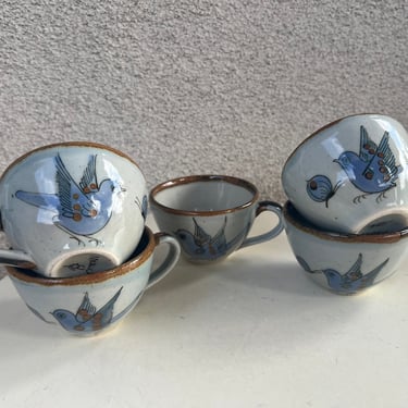 Vintage Ken Edwards Pottery set 5 teacups blue bird brown made in Mexico 