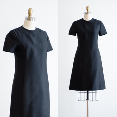 black mini dress 60s vintage silk wool minimalist short sleeve scooter dress 