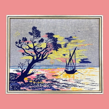 Vintage Sailing Crewel 1970s Retro Size 20x24 Mid Century Modern + Sailboat + On The Water + Embroidery + Fiber Art + MCM Home Decor + Art 