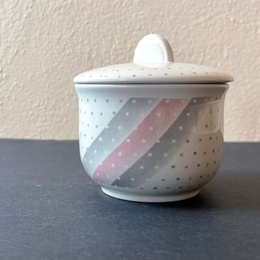 Vintage 80s Churchill England Pink + Gray Dots Ceramic Sugar Bowl 