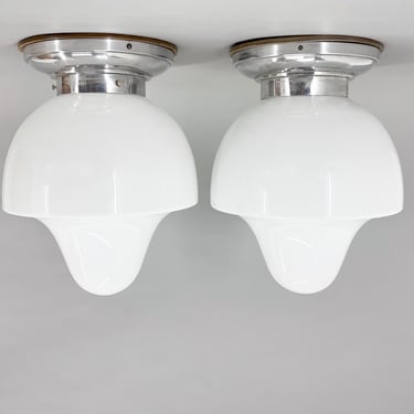 Pair of Mid-Century Chrome & Milk Glass Ceiling Ligts, Restored / Vintage Lighting / Flush Mount / Set of Two 