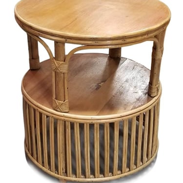Restored Rattan Round Side Table with Pencil Reed Base in the style of Crespi 