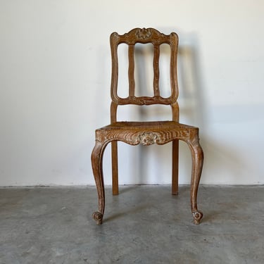 French Louis XV - Style Carved Oak & Rush Seat Accent Chair 