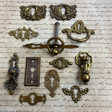 antique key escutcheon collection lot of 12 brass keyhole hardware 