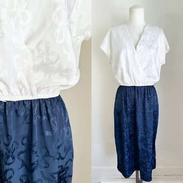 Vintage 1980s Navy & White Bow Novelty Print Dress / M 