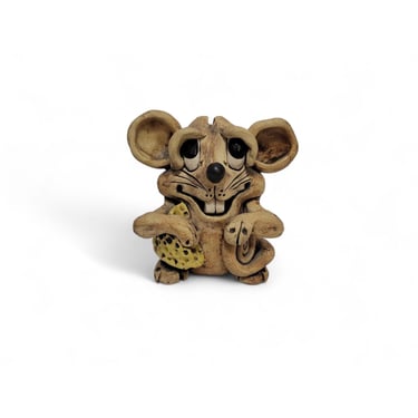 Vintage MAX HINDT Mouse w/ Swiss Cheese, Smiling Rat Folk Art Pottery, 1970s Clay Figurine, Mid Century, Vintage Home Decor 