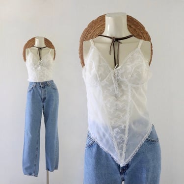 lace trimmed camisole - 32 - vintage 80s 90s off white womens lingerie sleeveless tank sheer 