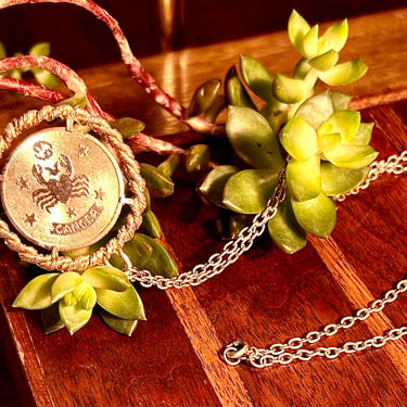 Vintage Zodiac Pendant Necklace Medallion Cancer Crab Gold Tone Metal Retro Jewelry Accessories 