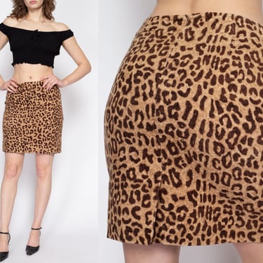 Small 90s Leopard Print Corduroy Mini Skirt | Vintage Mid Rise Boho Grunge Miniskirt 