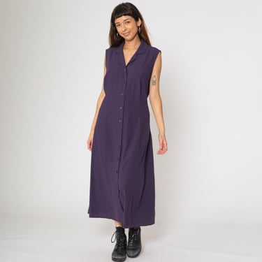 Vintage Purple Button Up Dress 90s Sleeveless Sheath Princess Seam Maxi Dress Shirtdress Plain 1990s Ankle Length Size 18/20W Kathie Lee 