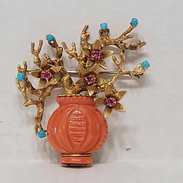 Vintage 18k Brooch - Turquoise Amethyst and Faux Coral - marked Italy 18k 