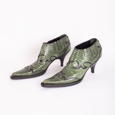Vintage MIU MIU Green Faux Croc Western Ankle Cowboy Boots with Heel sz 37.5 7 7.5 90s Y2K Dead Stock Snakeskin 