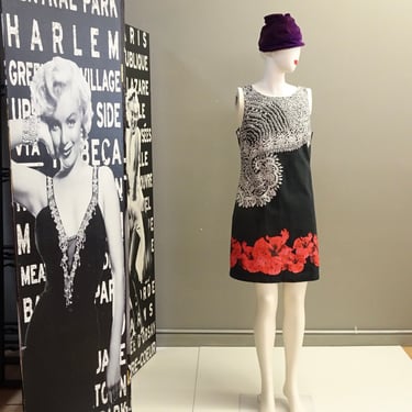 Vintage Desigual sleeveless black dress red Hibiscus print 