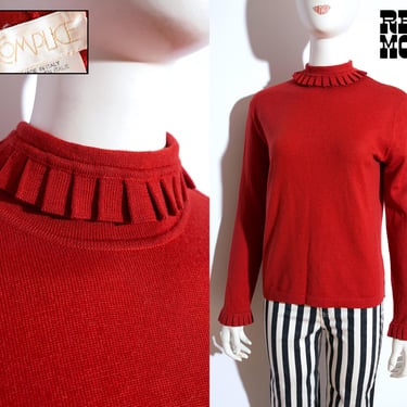 Complice Vintage 80s 90s Brick Orange Cashmere Designer Sweater with Ruffle Collar & Cuffs 