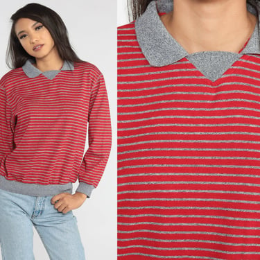 Striped Collared Sweatshirt 80s Red Preppy Sweatshirt Grey Collar Retro Long Sleeve Pullover Shirt Hipster Normcore Vintage 1980s Small 