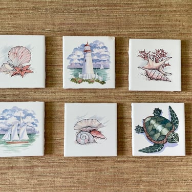 Vintage Coastal Hand Painted Decorative Accent Tiles - Set of 6 - Sailboat Lighthouse Turtle Seashells 