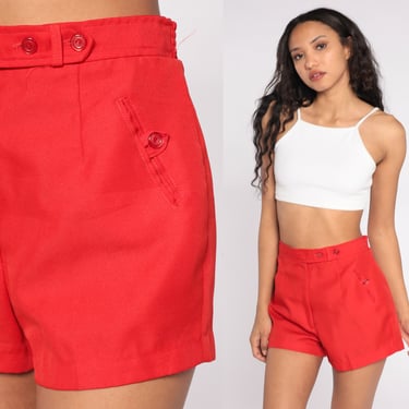 Red Trouser Shorts 70s 80s Shorts High Waisted Shorts 1980s Vintage Summer Bottoms Elastic Waist Pocket Small S 