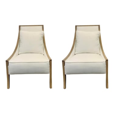 Caracole Couture Modern Custom White and Beige a Fine Line Lounge Chairs Pair