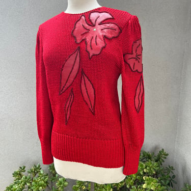 Vintage bold 80s red knit sweater top floral faux leather beaded design size small Made by Elizabeth 