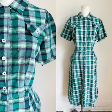 Vintage 1940s Green Plaid Cotton Dress / L 