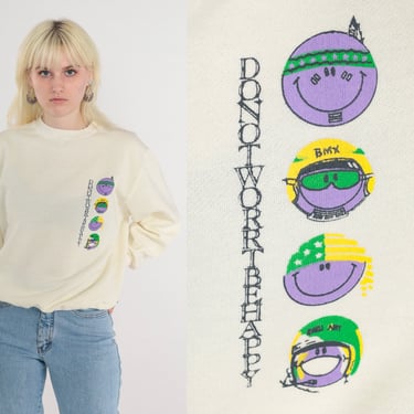 Smiley Face Sweatshirt 80s Don't Worry Be Happy Sweatshirt Cute Cartoon Graphic Shirt Slouchy Pullover Crewneck Cream Vintage 1980s Large L 