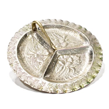 ANTIQUE: Hand Forged Hammered Silver Brass Triple Serving Plate - Floral Plate - Hand Engraved - Footed Plate - SKU 22-A-00012341 
