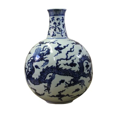 Chinese Blue White Porcelain Dragon Graphic Fat Body Vase ws370E 