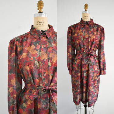 1980s Leaf Print Shirt Dress 