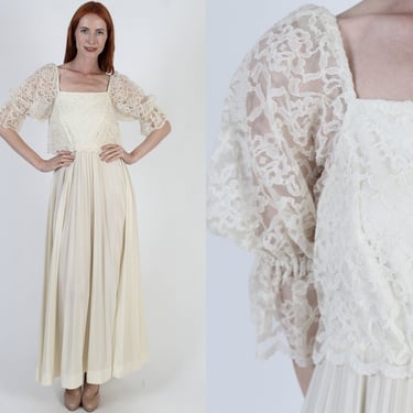 Long Cream Grecian Goddess Dress Vintage 70s Victorian Lace Capelet Sheer Floral Gothic Medieval Maxi 