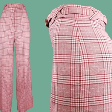 1970s mauve plaid pants. High rise wide legs belted. Unique groovy hippie mod. Union made. Trouser workers of America. (28 x 33) 