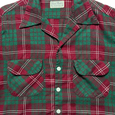 Vintage 1950s VIYELLA Flannel Sport Shirt ~ M ~ Plaid ~ Flap Pockets ~ Loop / Camp Collar ~ 
