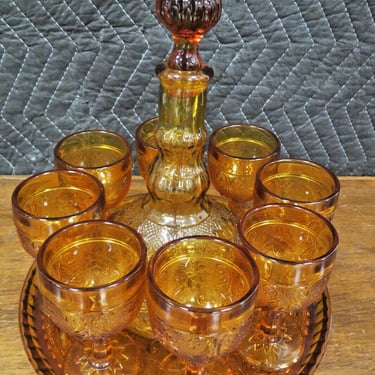 Vintage Amber Indiana Glass Wine Decanter Set, 8 Goblets Decanter Stopper Tray 