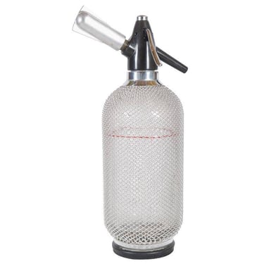 Soda Siphon Seltzer Bottle with Wire Mesh Metal Around Glass 