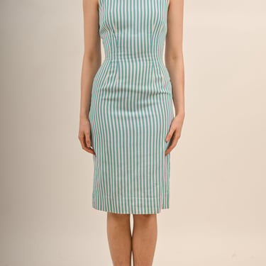 1960s Blue and White Striped Wiggle Dress with Bows on the Straps