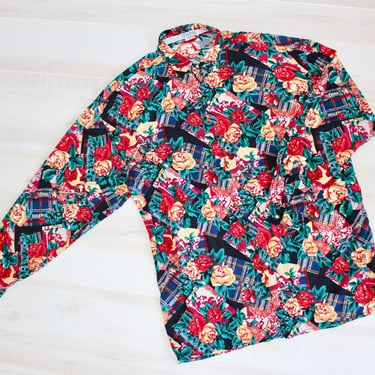 Vintage 80s Rose Blouse, 1980s Floral Blouse, Button Up, Collar, Long Sleeve, Novelty Print, Rayon, Oversized 