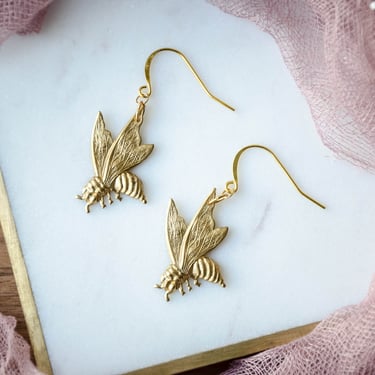 gold bee earrings, honeybee insect charm earrings, vintage brass earrings, bohemian nature woodland gift for her, statement earrings 