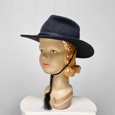 Vintage 1980s Rockmount Ranch Wear Youth Size Cowboy Hat, Black Wool Felt Pinched Crown w/Chin Strap, Style "Pinon Pine" Size Medium 