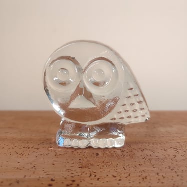 Vintage Modern Clear Glass Owl | Big Eyes Talons Tail | Sculpture Figurine Paperweight 