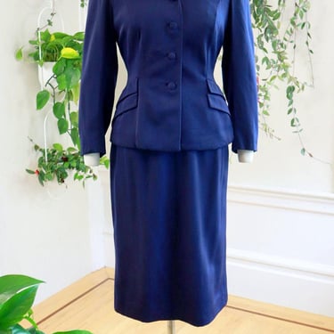 Vintage 1940s Skirt Suit | 40s Dark Navy Blue Wool Gabardine Two Piece Tailored Blazer Jacket Pencil Skirt Wear to Work | small 