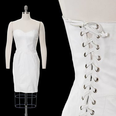 Vintage 1980s Dress | 80s White Leather Lace Up Strapless Bodycon Wiggle Sweetheart Corset Mini Dress (small/medium) 