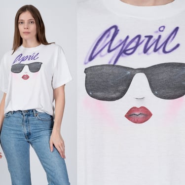 80s April Airbrush T Shirt - Men's Medium, Women's Large | Vintage White Sunglasses Graphic Souvenir Tee 