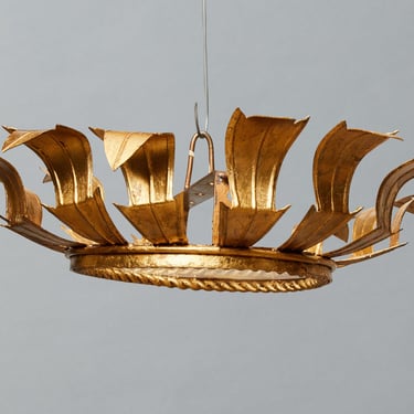 1940's Spanish Gilt Iron Hanging Light with a Frosted Lens