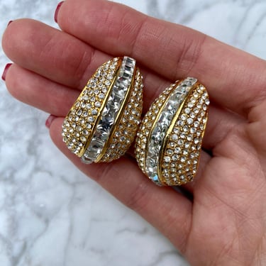 Huge Glittering  Rhinestone Pave Gold Dome Clip On Earrings